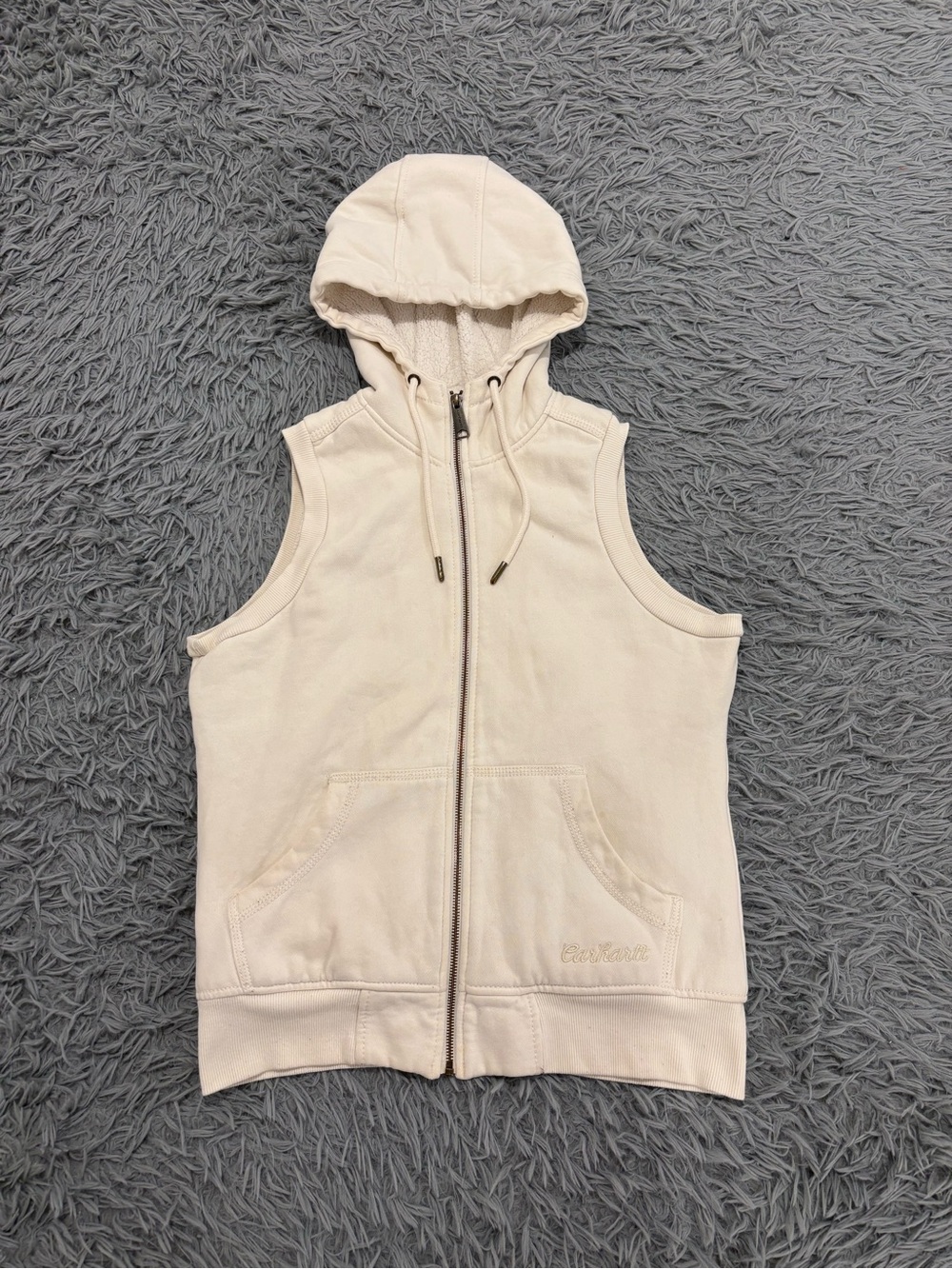 Carhartt Women Small Cream Hooded Vest Full Zip Fleece Lined Outdoor Cozy Winter